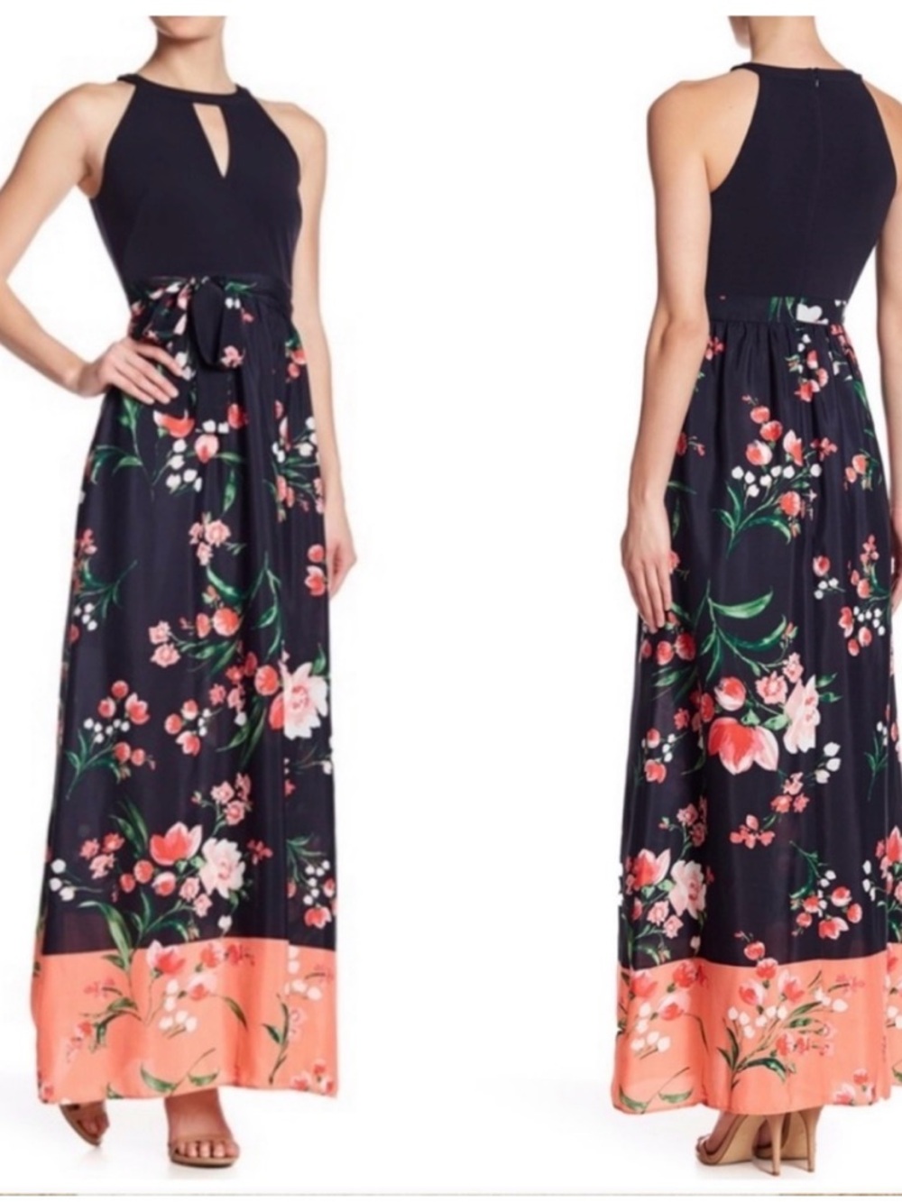 Vince Camuto Floral Keyhole Halter Maxi Dress - Black & Coral